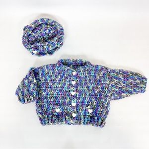 Girls Baby Cardigan Sweater Hand Made Crocheted Multicolor Vintage